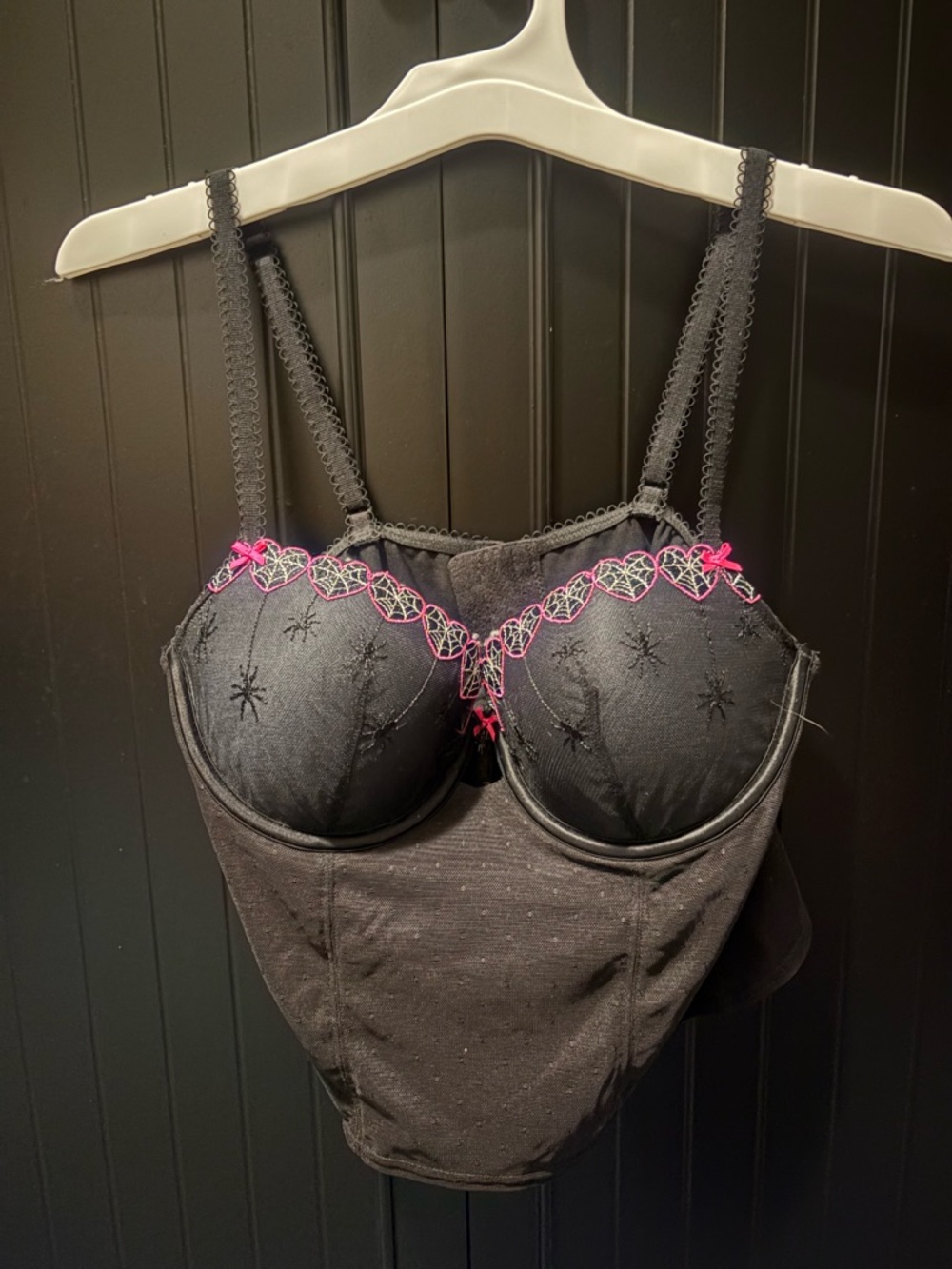 Victoria's Secret Black Longline Bra with Pink Embroidery and Spider Details